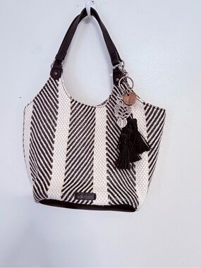 Sakroots Black & White Striped Woven Shoulder Tote